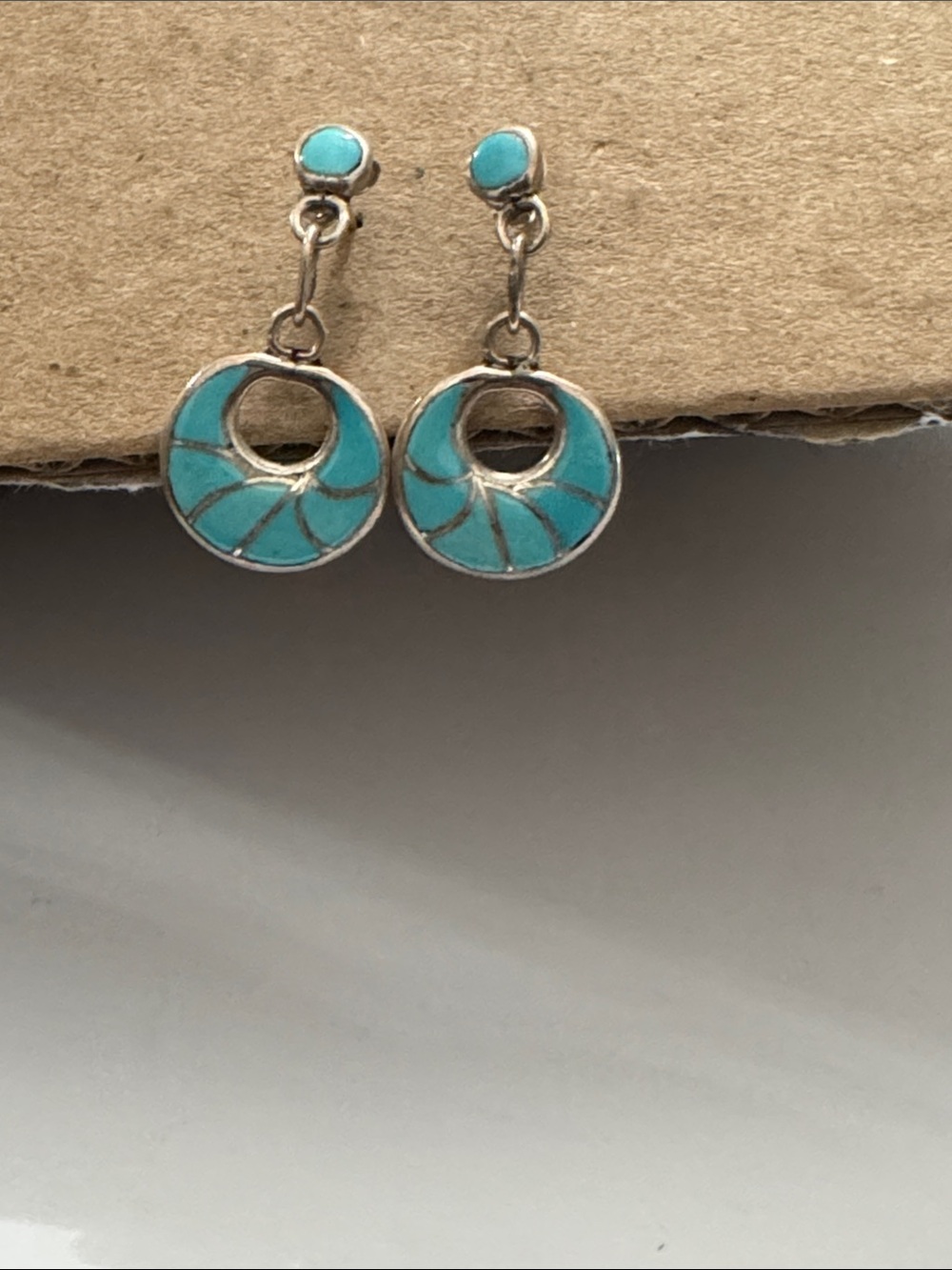 Vintage sterling silver and turquoise inlay dangle earrings